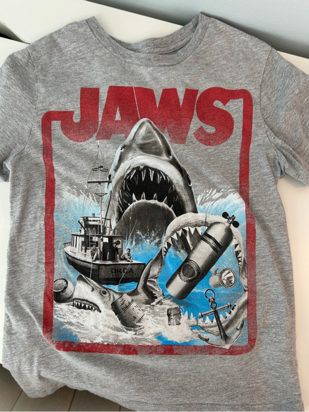 Jaws Graphic Tee - Gray with Red & Blue Print
